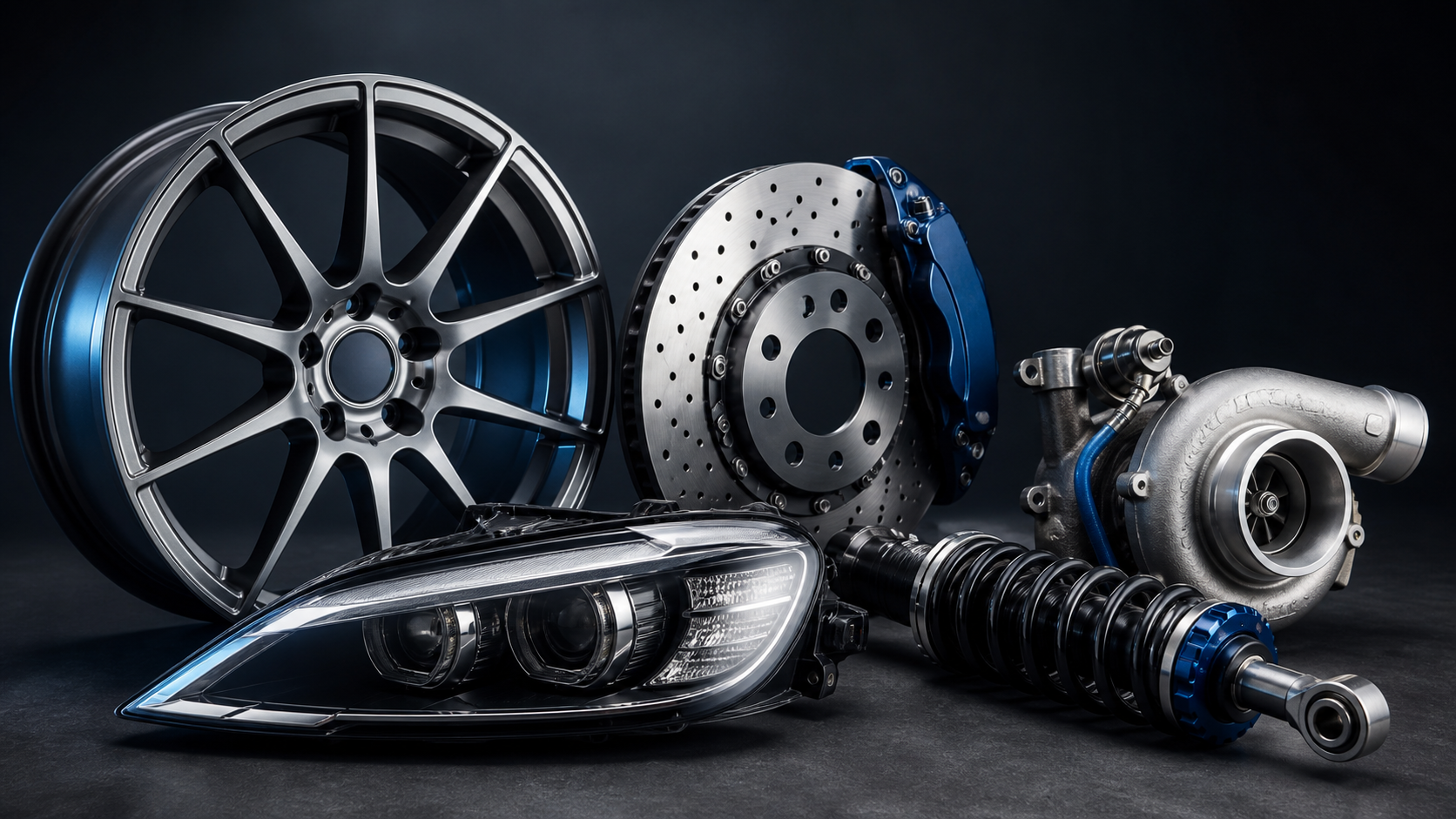 Premium automotive replacement parts in a studio
